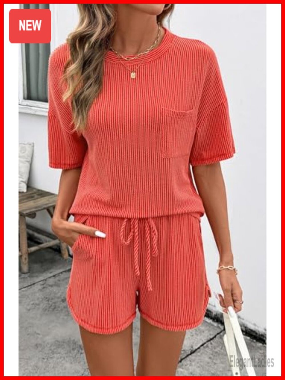 2 Piece Lounge Set - Short Sleeve Top with High Waisted Shorts and Pockets - Picture 2 of 7